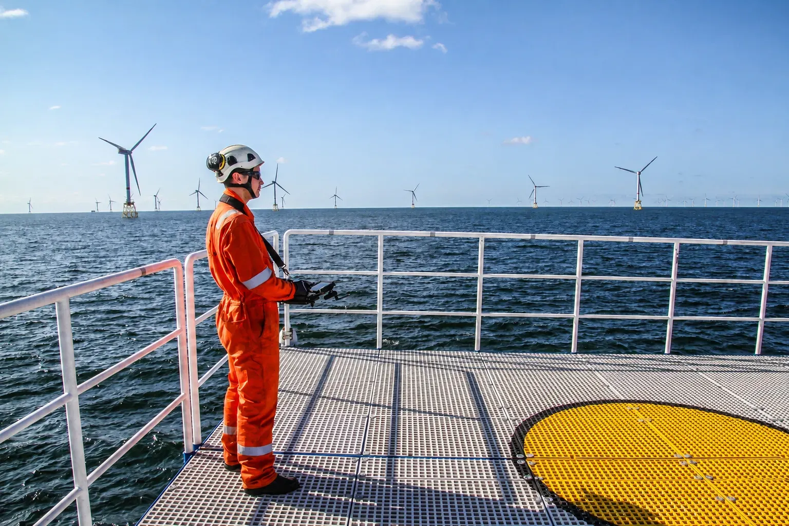 An Aviate 360 pilot operating a drone above an offshore wind farm